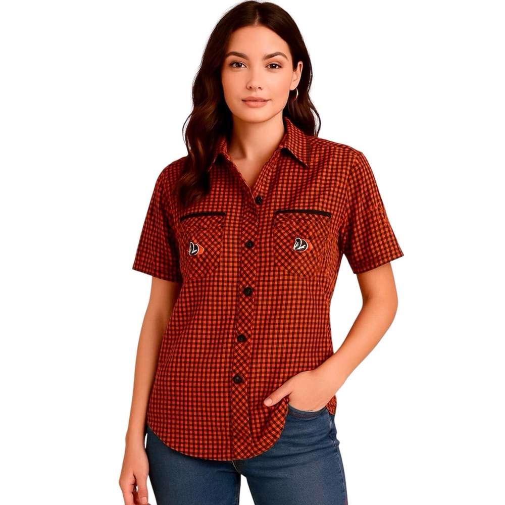 Checker Western Button Down Short Sleeve Shirt Gingham Plaid Oompah Medium Large